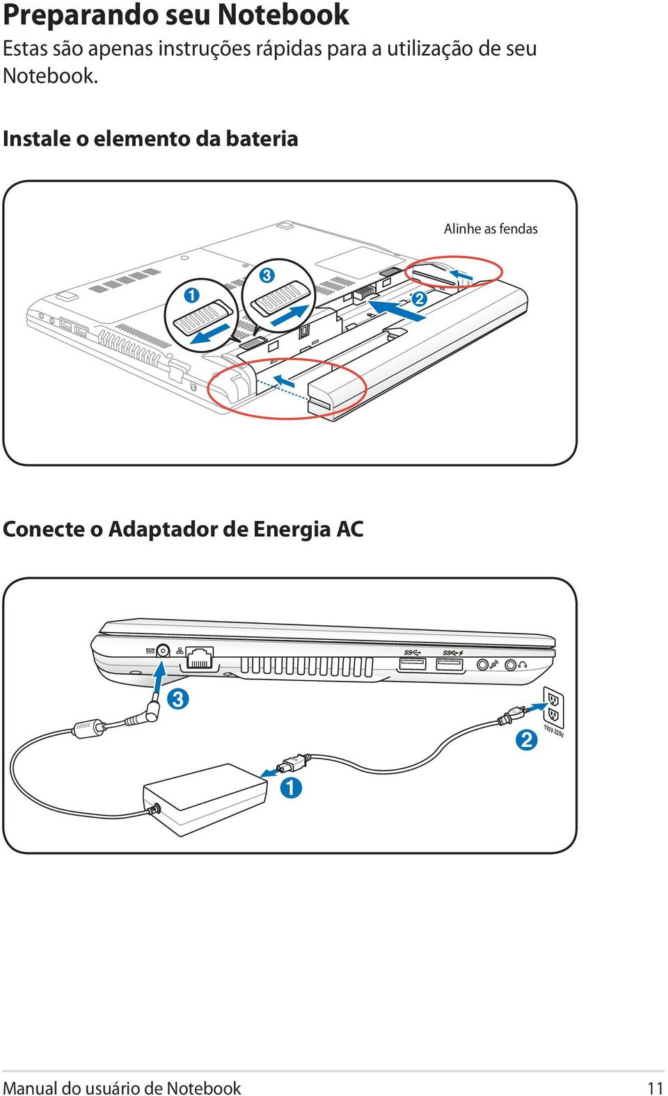 Instale o elemento da bateria Alinhe as fendas 1 3 2