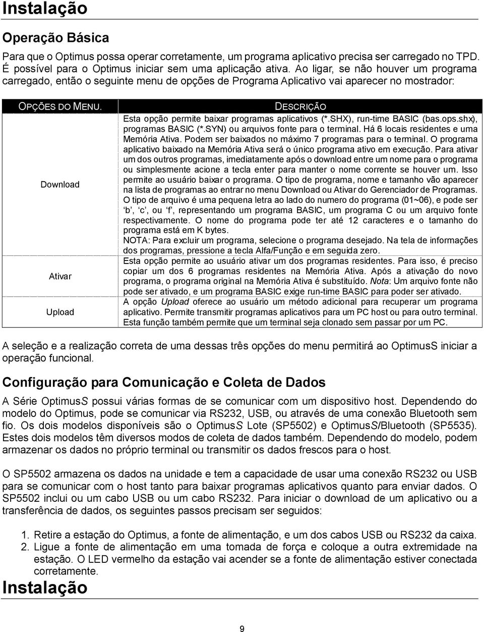 Download Ativar Upload DESCRIÇÃO Esta opção permite baixar programas aplicativos (*.SHX), run-time BASIC (bas.ops.shx), programas BASIC (*.SYN) ou arquivos fonte para o terminal.