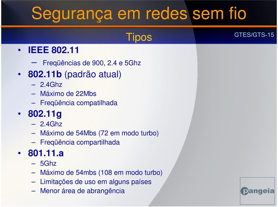 4Ghz Máximo de 54Mbs (72 em modo turbo) Freqüência compartilhada 801.11.