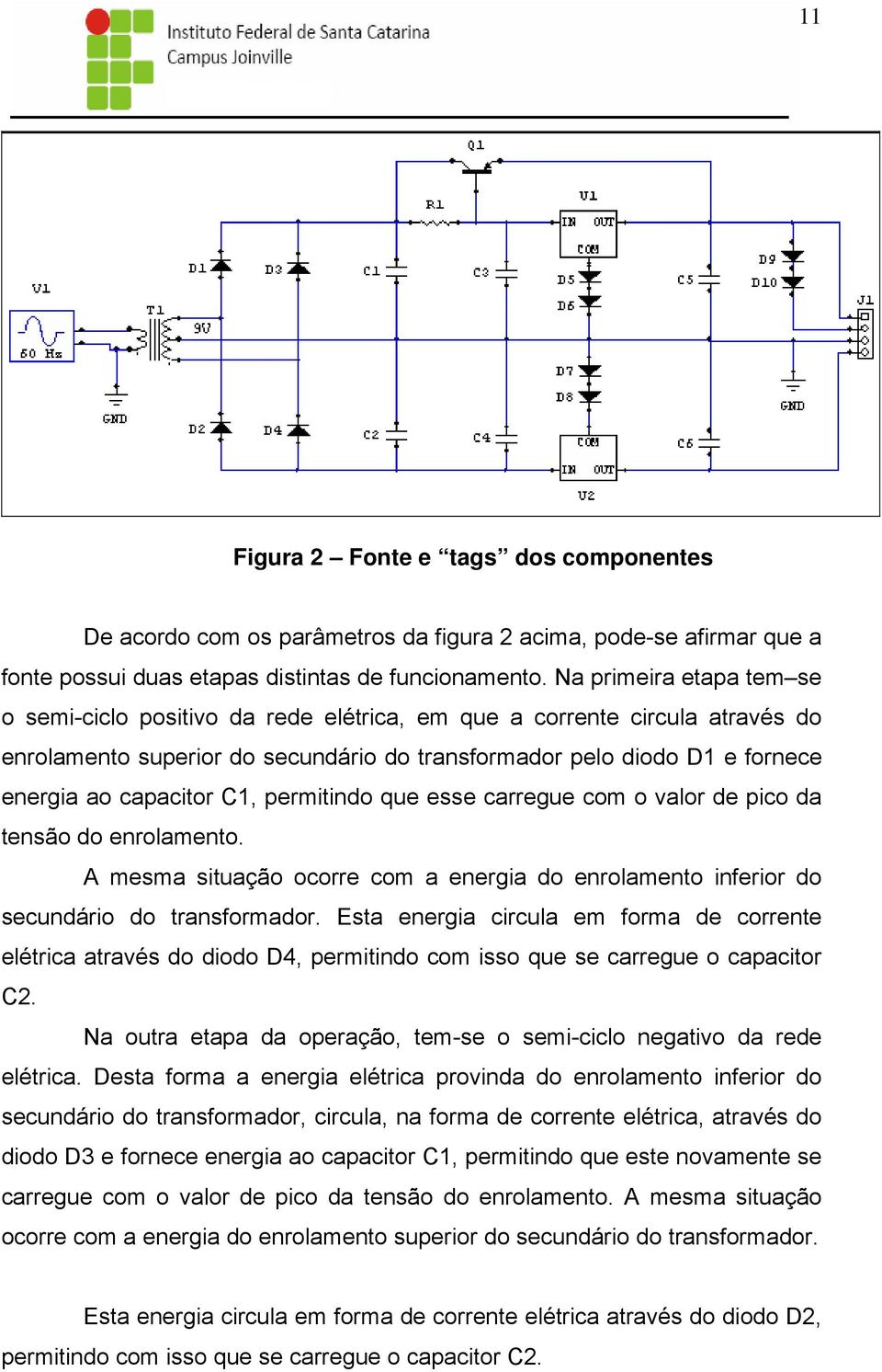 C1, permitindo que esse carregue com o valor de pico da tensão do enrolamento. A mesma situação ocorre com a energia do enrolamento inferior do secundário do transformador.