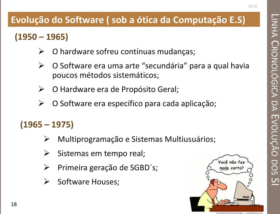 sistemáticos; O Hardware era de Propósito Geral; O Software era específico para cada aplicação; (1965 1975) Multiprogramação e