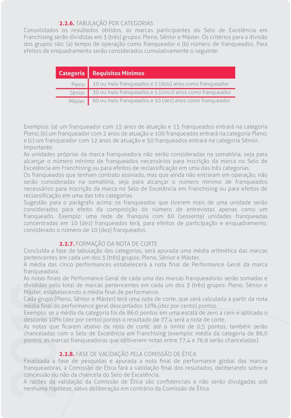 Para efeitos de enquadramento serão considerados cumulativamente o seguinte: Categoria Pleno Sênior Máster Requisitos Mínimos 10 ou mais franqueados e 2 (dois) anos como franqueador 30 ou mais