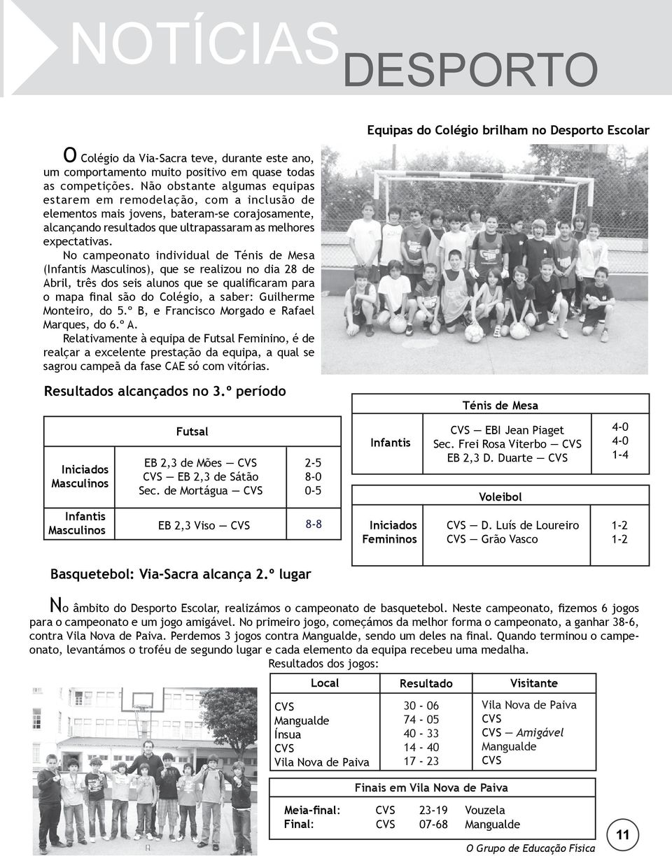 No campeonato individual de Ténis de Mesa (Infantis Masculinos), que se realizou no dia 28 de Abril, três dos seis alunos que se qualificaram para o mapa final são do Colégio, a saber: Guilherme