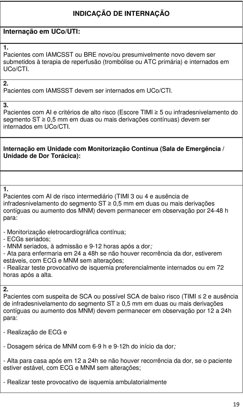 Pacientes com IAMSSST devem ser internados em UCo/CTI. 3.