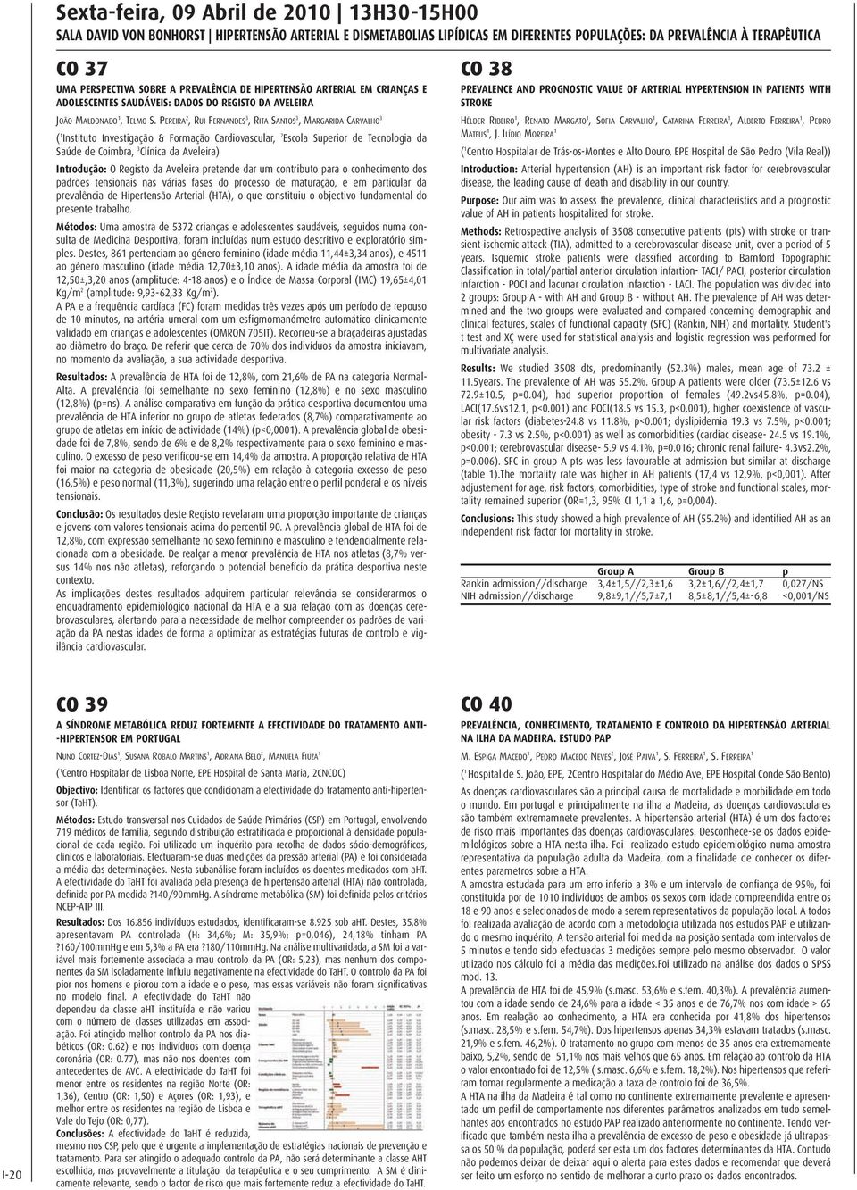 PEREIRA 2, RUI FERNANDES 3, RITA SANTOS 3, MARGARIDA CARVALHO 3 ( 1 Instituto Investigação & Formação Cardiovascular, 2 Escola Superior de Tecnologia da Saúde de Coimbra, 3 Clínica da Aveleira)