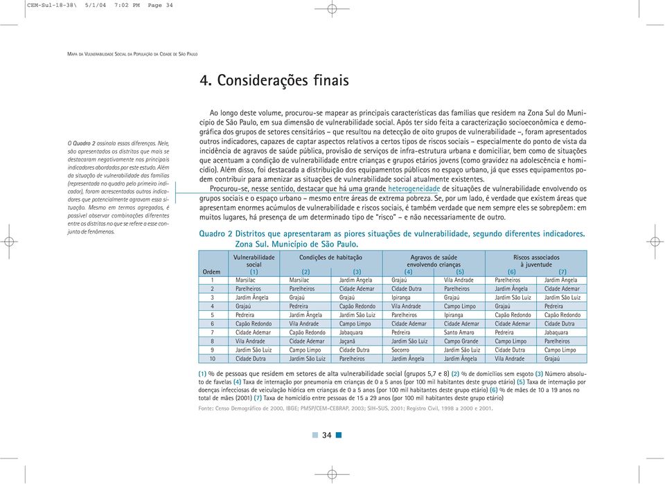 Além da situação de vulnerabilidade das famílias (representada no quadro pelo primeiro indicador), foram acrescentados outros indicadores que potencialmente agravam essa situação.