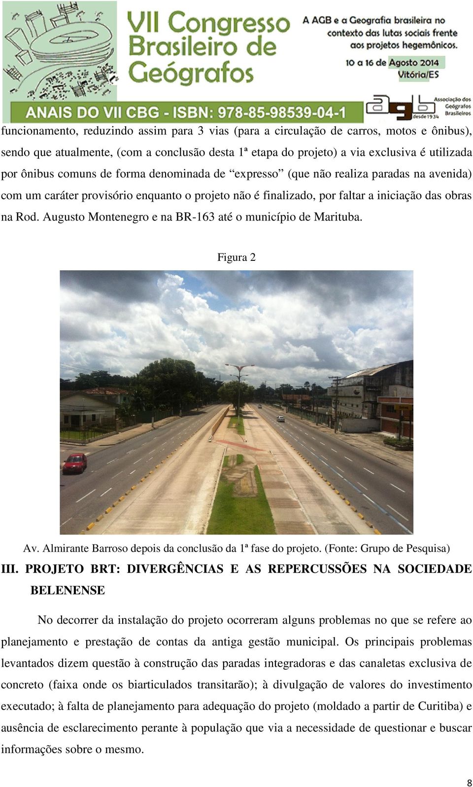 Augusto Montenegro e na BR-163 até o município de Marituba. Figura 2 Av. Almirante Barroso depois da conclusão da 1ª fase do projeto. (Fonte: Grupo de Pesquisa) III.