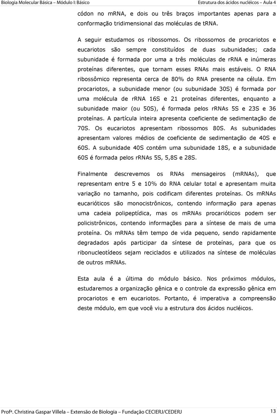 RNAs mais estáveis. O RNA ribossômico representa cerca de 80% do RNA presente na célula.