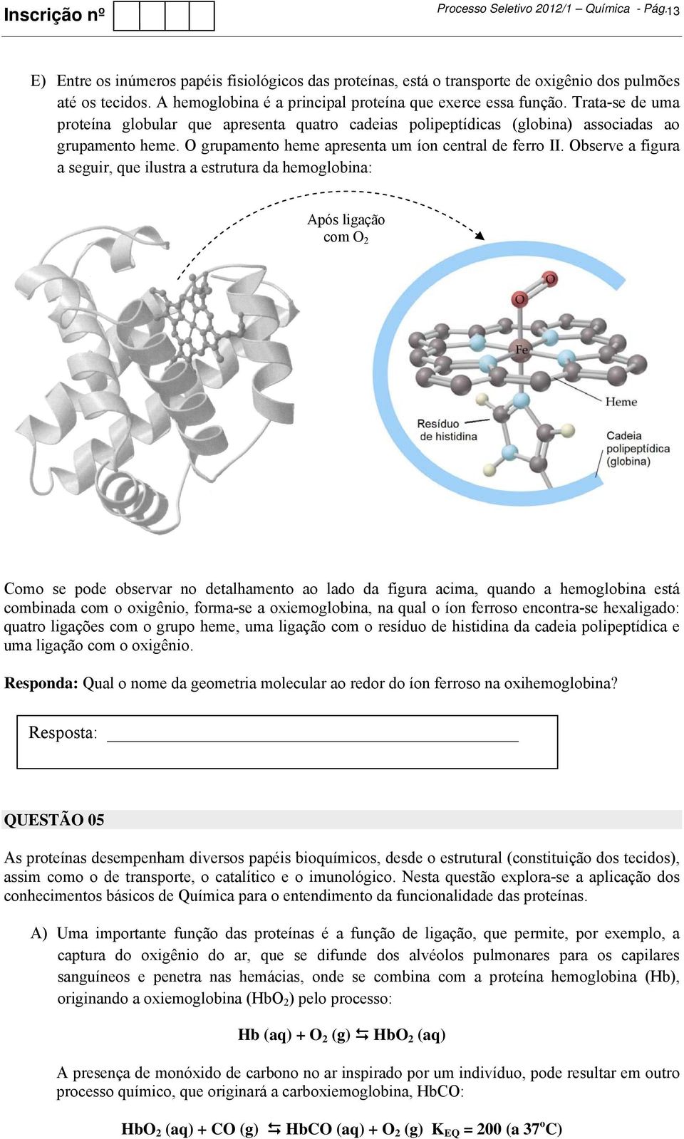 bserve a figura a seguir, que ilustra a estrutura da hemoglobina: Após ligação com 2 omo se pode observar no detalhamento ao lado da figura acima, quando a hemoglobina está combinada com o oxigênio,