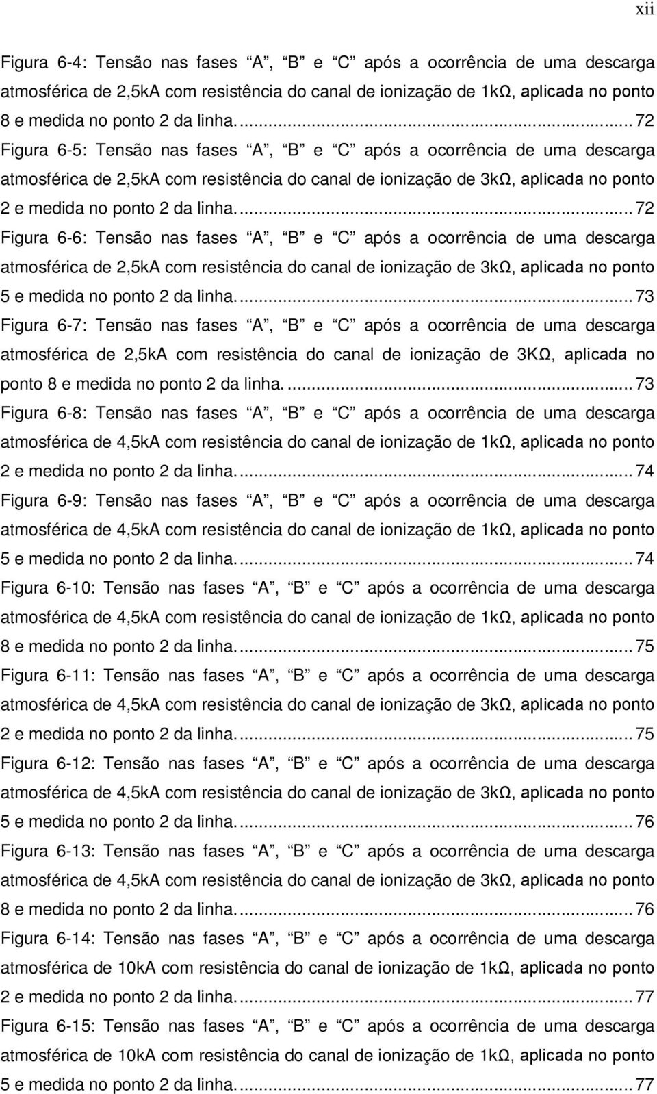 ... 72 Figura 6-6: Tensão nas fases A, B e C após a ocorrência de uma descarga atmosférica de 2,5kA com resistência do canal de ionização de 3kΩ, aplicada no ponto 5 e medida no ponto 2 da linha.