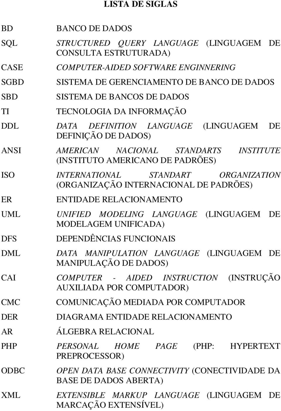 INTERNATIONAL STANDART ORGANIZATION (ORGANIZAÇÃO INTERNACIONAL DE PADRÕES) ER UML DFS DML ENTIDADE RELACIONAMENTO UNIFIED MODELING LANGUAGE (LINGUAGEM DE MODELAGEM UNIFICADA) DEPENDÊNCIAS FUNCIONAIS