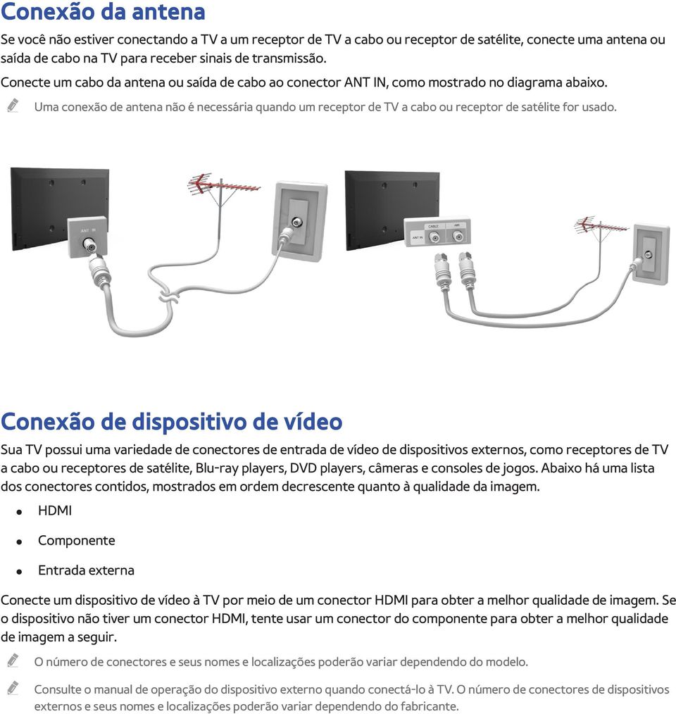 Uma conexão de antena não é necessária quando um receptor de TV a cabo ou receptor de satélite for usado.