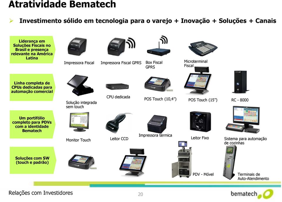 integrada sem touch CPU dedicada POS Touch (10,4 ) POS Touch (15 ) RC - 8000 Um portifólio completo para PDVs com a identidade Bematech Impressora térmica Monitor