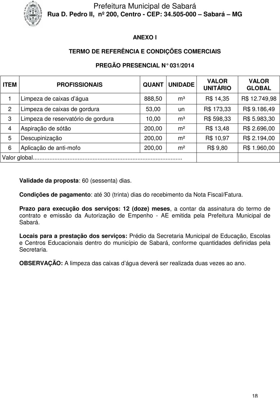 696,00 5 Descupinização 200,00 m² R$ 10,97 R$ 2.194,00 6 Aplicação de anti-mofo 200,00 m² R$ 9,80 R$ 1.960,00 Valor global... Validade da proposta: 60 (sessenta) dias.