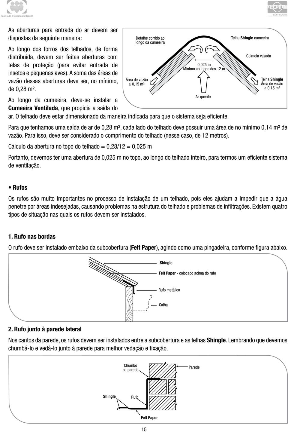 Detalhe corrido ao longo da cumeeira Área de vazão 0,15 m² 0,025 m Mínimo ao longo dos 12 m Ar quente Telha Shingle cumeeira Colmeia vazada Telha Shingle Área de vazão 0,15 m² Ao longo da cumeeira,