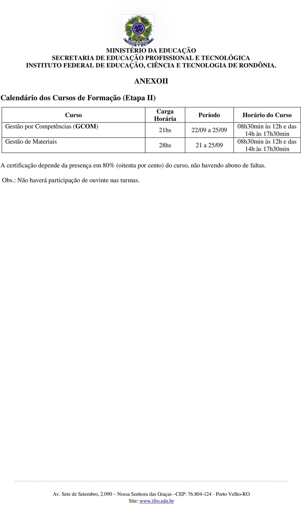 das 14h às 17h30min 08h30min às 12h e das 14h às 17h30min A certificação depende da presença em 80%