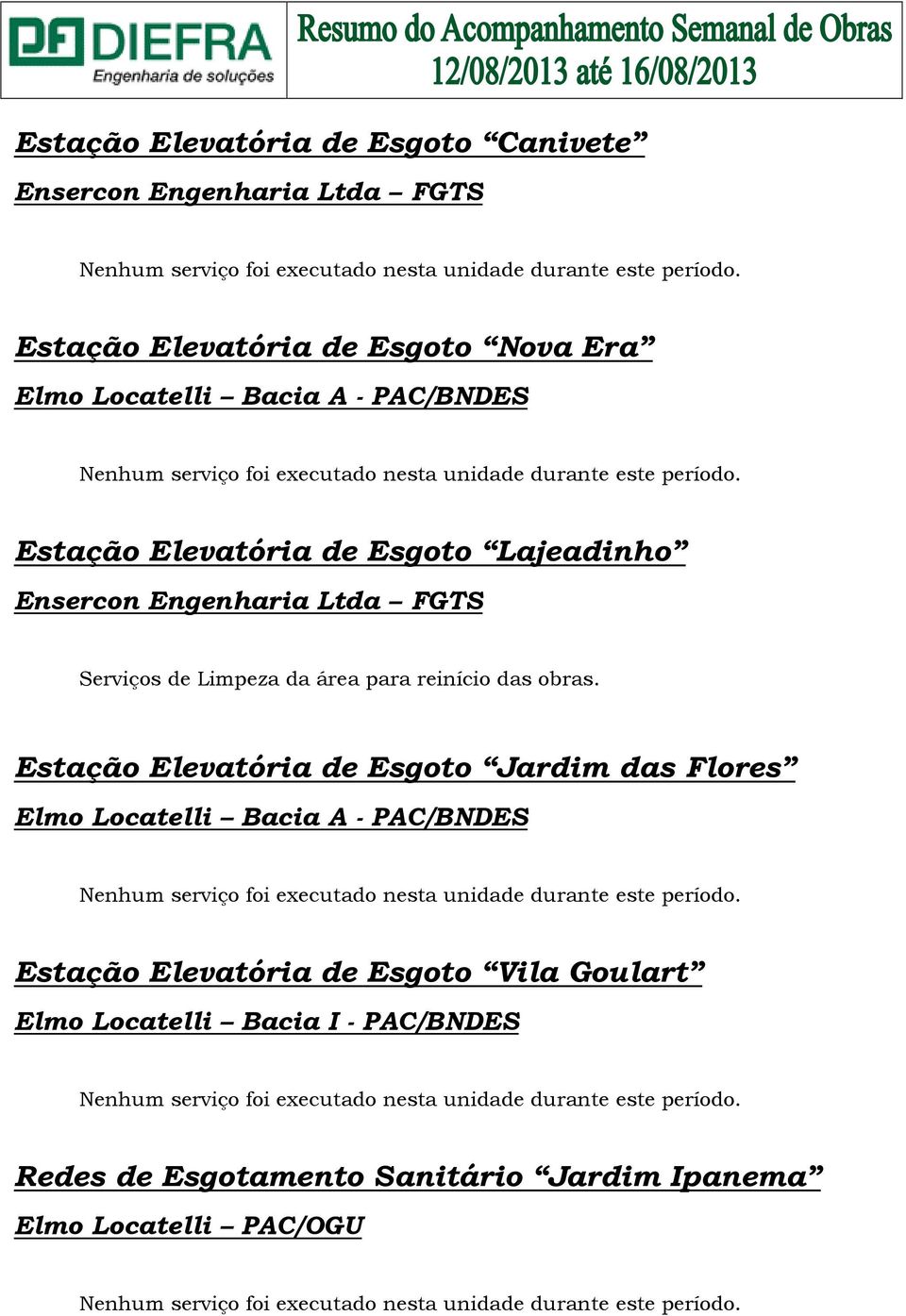 Estação Elevatória de Esgoto Lajeadinho Ensercon Engenharia Ltda FGTS Serviços de Limpeza da área para reinício das obras.