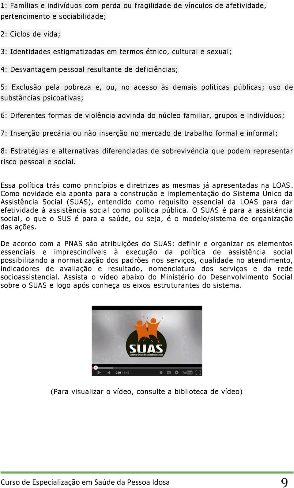 núcleo familiar, grupos e indivíduos; 7: Inserção precária ou não inserção no mercado de trabalho formal e informal; 8: Estratégias e alternativas diferenciadas de sobrevivência que podem representar