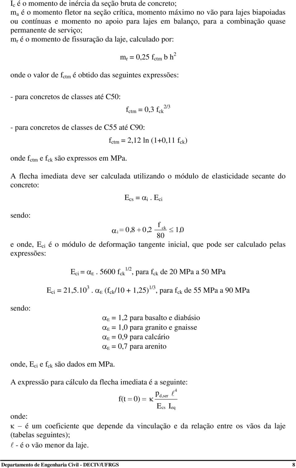 ctm e ck são expessos em MP. ctm =, ln (+0, ck ) A lech imedit deve se clculd utilizndo o módulo de elsticidde secnte do conceto: E cs = i.