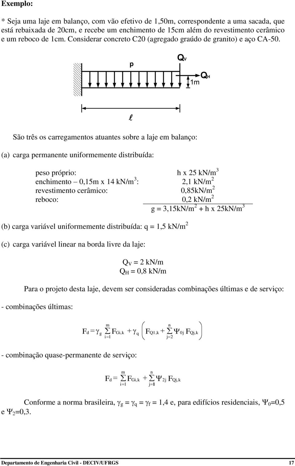 p QV m QH São tês os cegmentos tuntes soe lje em lnço: () cg pemnente uniomemente distiuíd: peso pópio: enchimento 0,5m x 4 kn/m 3 : evestimento ceâmico: eoco: h x 5 kn/m 3, kn/m 0,85kN/m 0, kn/m g =