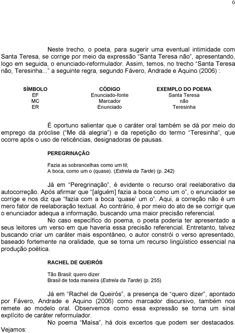 .. a seguinte regra, segundo Fávero, Andrade e Aquino (2006) : SÍMBOLO CÓDIGO EXEMPLO DO POEMA EF Enunciado-fonte Santa Teresa MC Marcador não ER Enunciado Teresinha É oportuno salientar que o