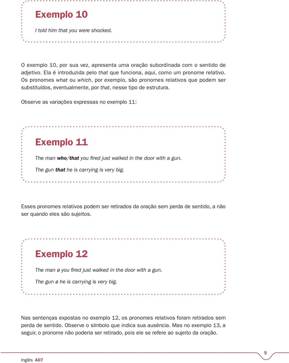 Os pronomes what ou which, por exemplo, são pronomes relativos que podem ser substituídos, eventualmente, por that, nesse tipo de estrutura.