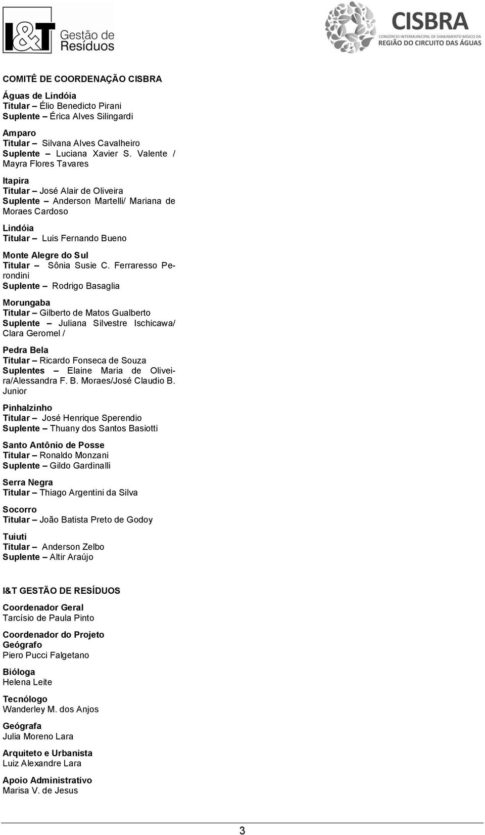 C. Ferraresso Perondini Suplente Rodrigo Basaglia Morungaba Titular Gilberto de Matos Gualberto Suplente Juliana Silvestre Ischicawa/ Clara Geromel / Pedra Bela Titular Ricardo Fonseca de Souza