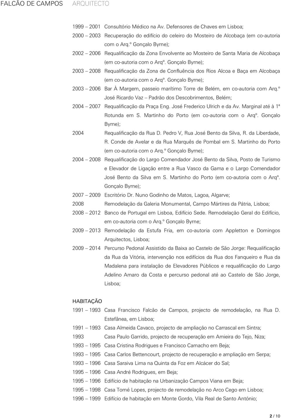 Gonçalo Byrne); 2003 2008 Requalificação da Zona de Confluência dos Rios Alcoa e Baça em Alcobaça (em co-autoria com o Arqº.