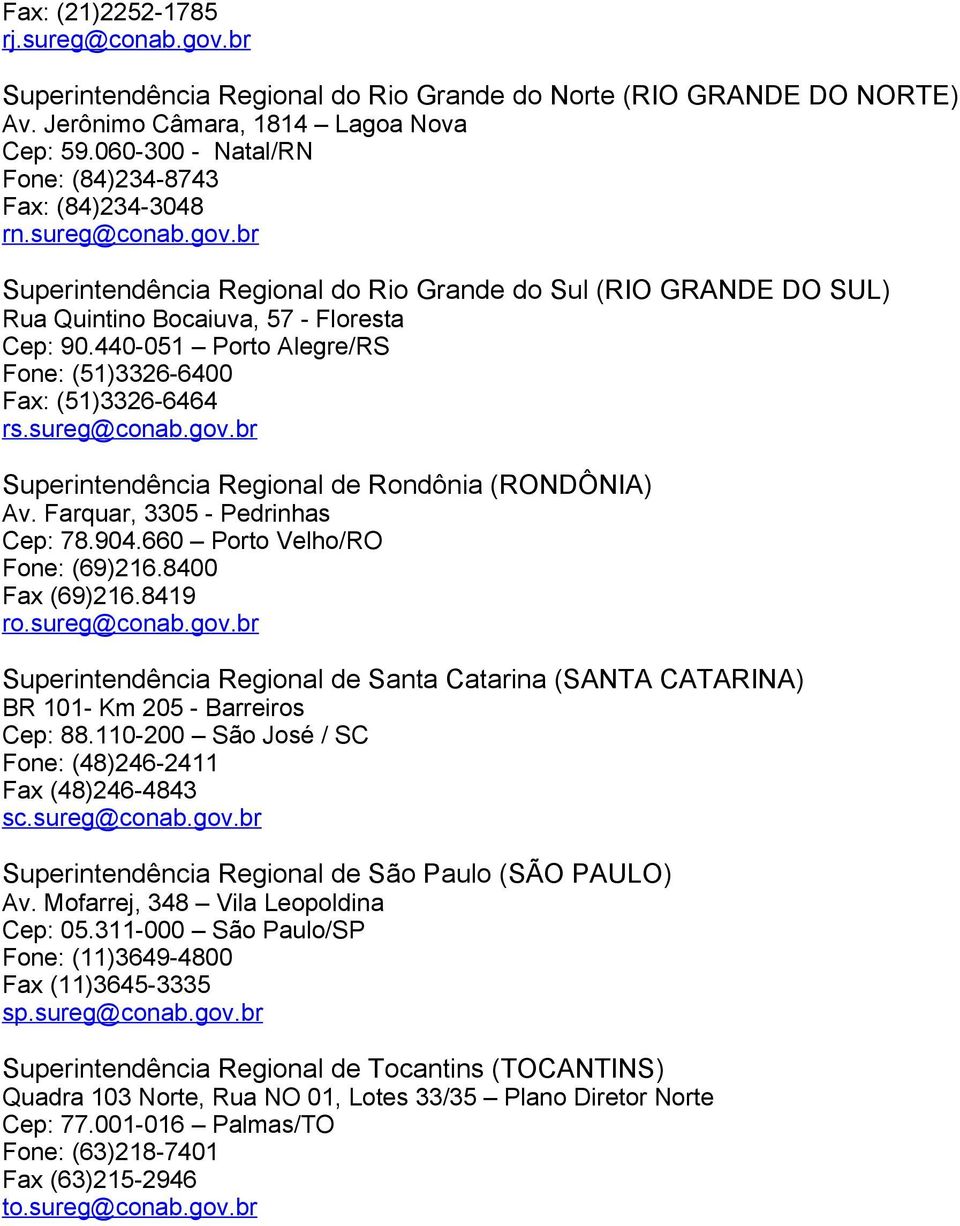 440-051 Porto Alegre/RS Fone: (51)3326-6400 Fax: (51)3326-6464 rs.sureg@conab.gov.br Superintendência Regional de Rondônia (RONDÔNIA) Av. Farquar, 3305 - Pedrinhas Cep: 78.904.