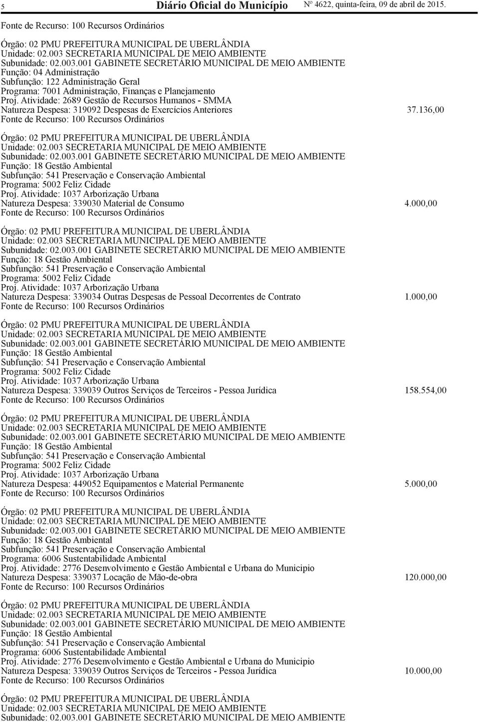 Atividade: 2689 Gestão de Recursos Humanos - SMMA Natureza Despesa: 319092 Despesas de Exercícios Anteriores 37.