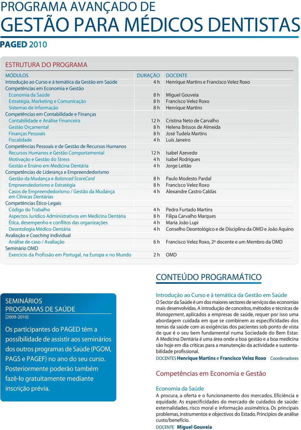 Gestão de Recursos Humanos Recursos Humanos e Gestão Comportamental Motivação e Gestão do Stress Gestão e Ensino em Medicina Dentária Competências de Liderança e Empreendedorismo Gestão da Mudança e