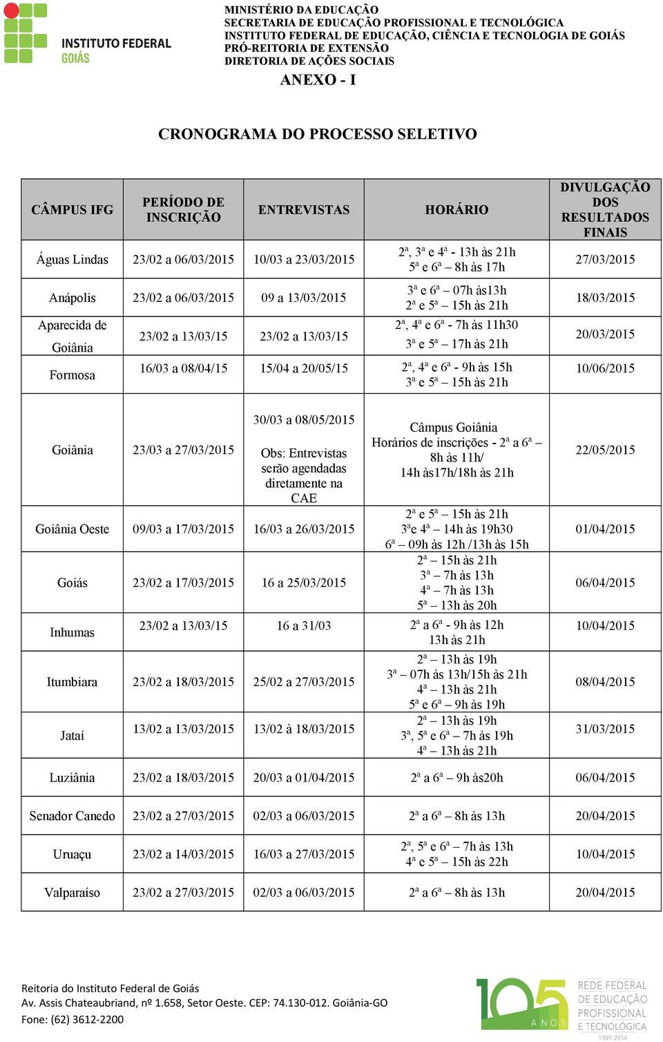 15/04 a 20/05/15 2ª, 4ª e 6ª - 9h às 15h 3ª e 5ª 15h às 21h DIVULGAÇÃO DOS RESULTADOS FINAIS 27/03/2015 18/03/2015 20/03/2015 10/06/2015 Goiânia 23/03 a 27/03/2015 30/03 a 08/05/2015 Obs: Entrevistas