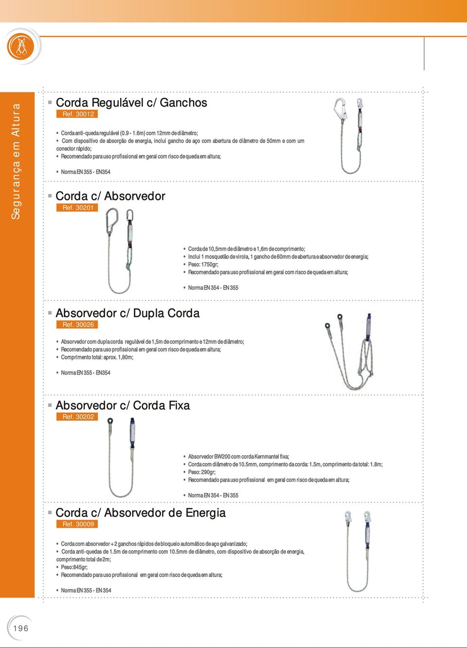 30201 Corda de 10,5mm de diâmetro e 1,6m de comprimento; Inclui 1 mosquetão de virola, 1 gancho de 60mm de abertura e absorvedor de energia; Peso: 1750gr; Norma EN 354 - EN 355 Absorvedor c/ Dupla