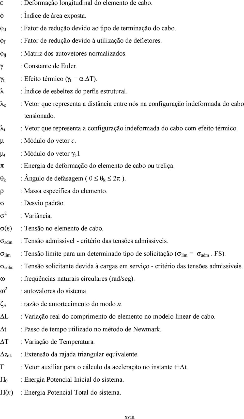 : Veor que represena a disância enre nós na configuração indeformada do cabo ensionado. : Veor que represena a configuração indeformada do cabo com efeio érmico. µ : Módulo do veor c.