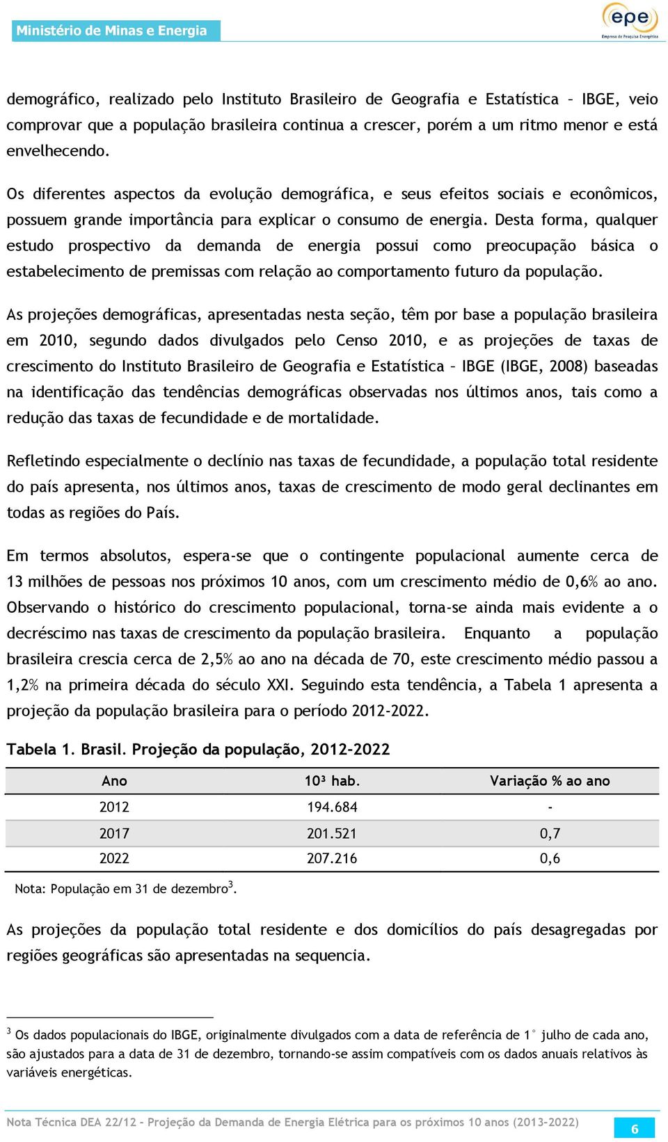 Desta forma, qualquer estudo prospectivo da demanda de energia possui como preocupação básica o estabelecimento de premissas com relação ao comportamento futuro da população.