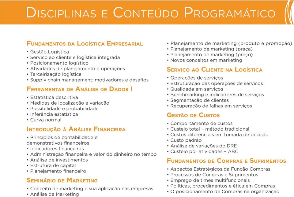 Inferência estatística Curva normal Introdução à Análise Financeira Princípios de contabilidade e demonstrativos financeiros Indicadores financeiros Administração financeira e valor do dinheiro no