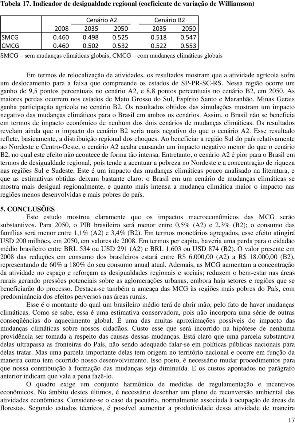 faixa que compreende os estados de SP-PR-SC-RS. Nessa região ocorre um ganho de 9,5 pontos percentuais no cenário A2, e 8,8 pontos percentuais no cenário B2, em 2050.