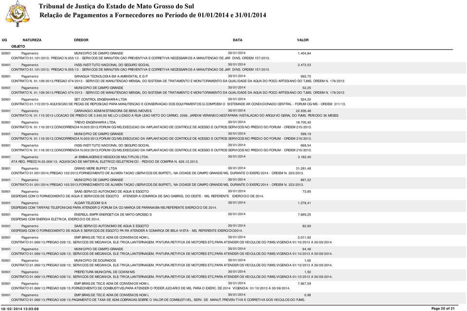 ORDEM N. 179/2013 52,25 CONTRATO N. 01.109/2013;PREGAO 074/2013 - SERVICO DE MANUTENCAO MENSAL DO SISTEMA DE TRATAMENTO E MONITORAMENTO DA QUALIDADE DA AGUA DO POCO ARTESIANO DO TJMS. ORDEM N.