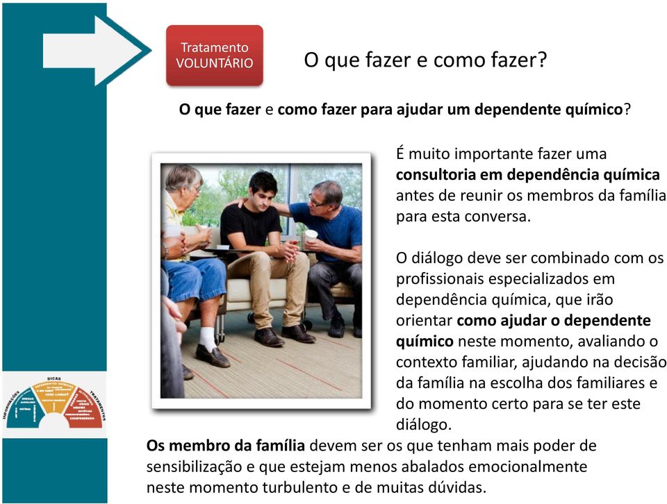 O diálogo deve ser combinado com os profissionais especializados em dependência química, que irão orientar como ajudar o dependente químico neste momento, avaliando o