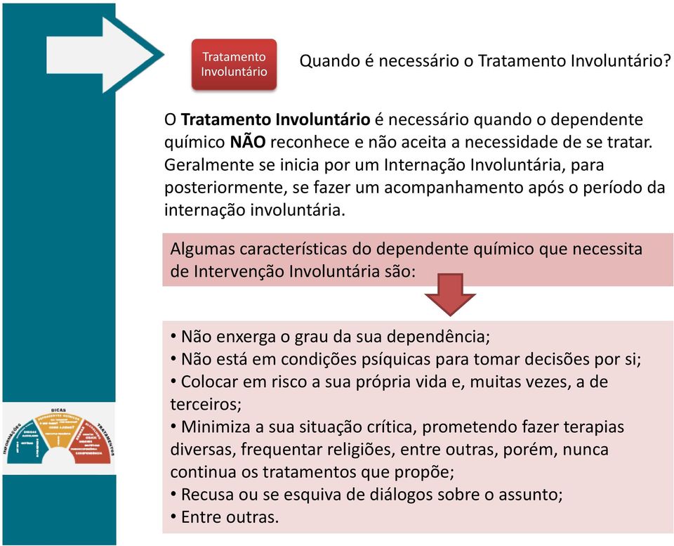 Algumas características do dependente químico que necessita de Intervenção Involuntária são: Não enxerga o grau da sua dependência; Não está em condições psíquicas para tomar decisões por si;