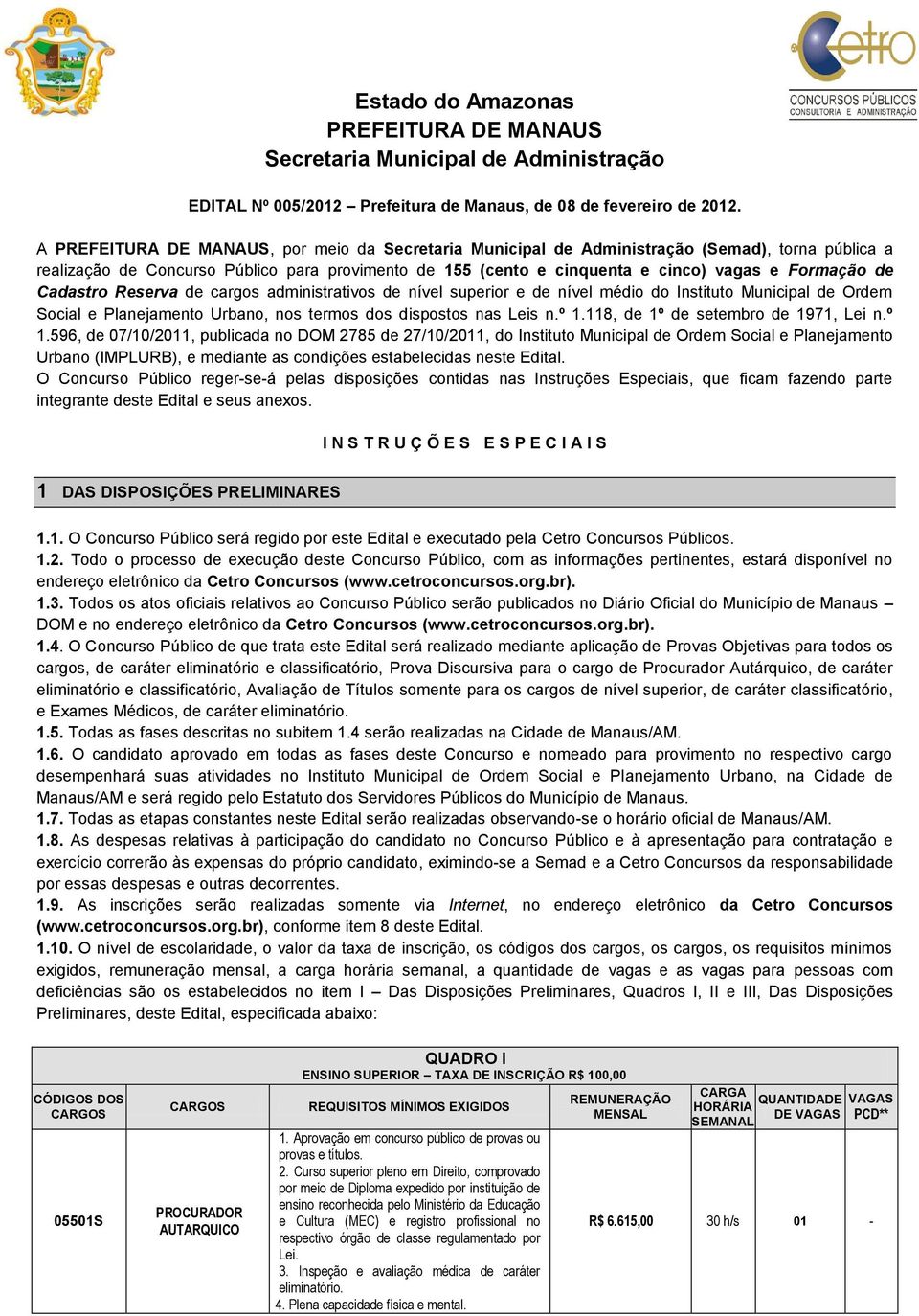 de Cadastro Reserva de cargos administrativos de nível superior e de nível médio do Instituto Municipal de Ordem Social e Planejamento Urbano, nos termos dos dispostos nas Leis n.º 1.