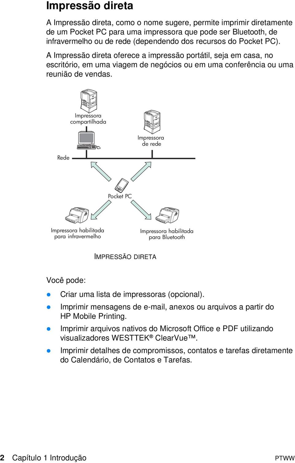 Impressora compartilhada Rede Impressora de rede Pocket PC Impressora habilitada para infravermelho Impressora habilitada para Bluetooth IMPRESSÃO DIRETA Você pode: Criar uma lista de impressoras