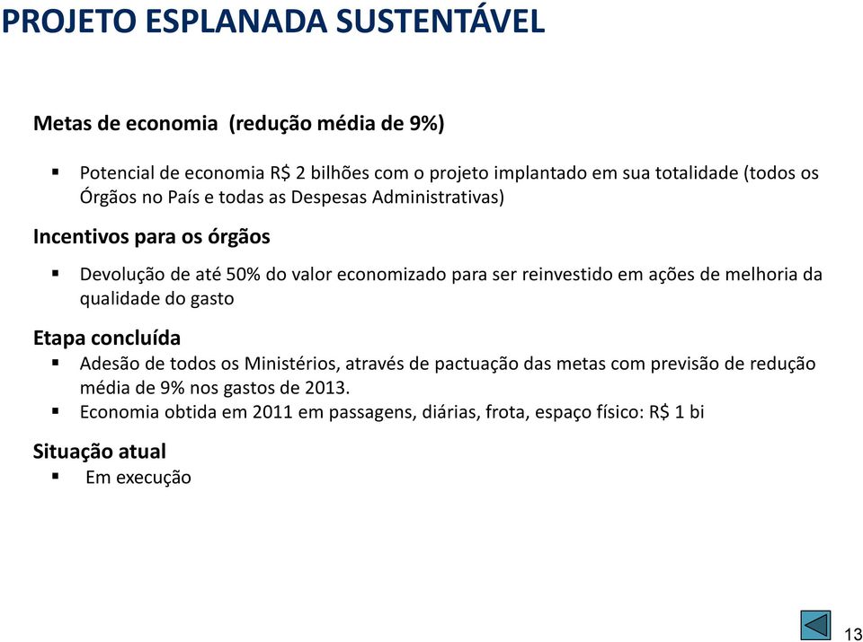 ser reinvestido em ações de melhoria da qualidade do gasto Etapa concluída Adesão de todos os Ministérios, através de pactuação das metas com