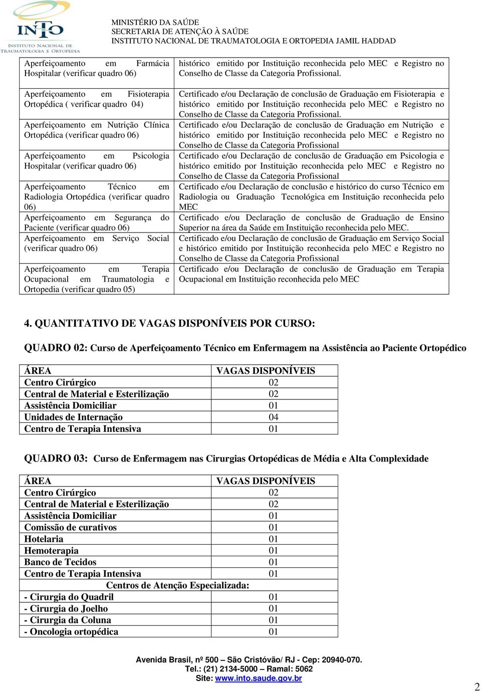 Aperfeiçoamento em Serviço Social (verificar quadro 06) Aperfeiçoamento em Terapia Ocupacional em Traumatologia e Ortopedia (verificar quadro 05) Certificado e/ou Declaração de conclusão de Graduação