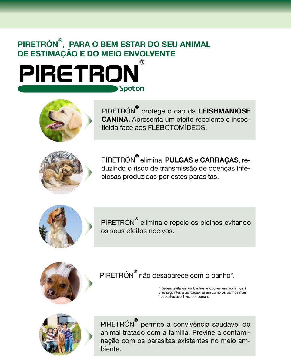 PIRETRÓN elimina PULGAS e CARRAÇAS, reduzindo o risco de transmissão de doenças infeciosas produzidas por estes parasitas.