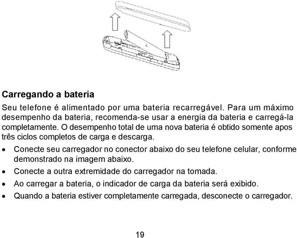 O desempenho total de uma nova bateria é obtido somente apos três ciclos completos de carga e descarga.