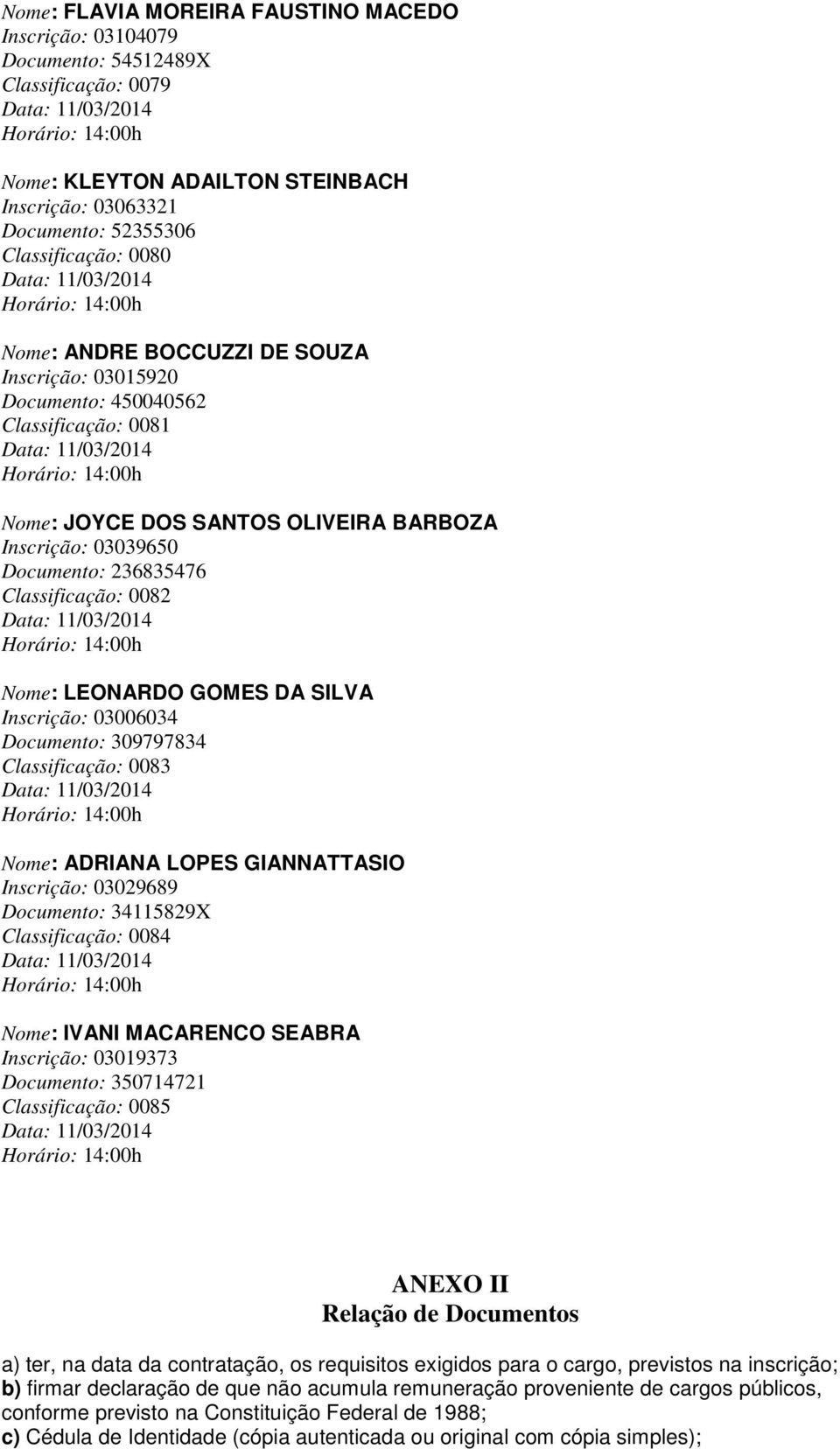 LEONARDO GOMES DA SILVA Inscrição: 03006034 Documento: 309797834 Classificação: 0083 Nome: ADRIANA LOPES GIANNATTASIO Inscrição: 03029689 Documento: 34115829X Classificação: 0084 Nome: IVANI