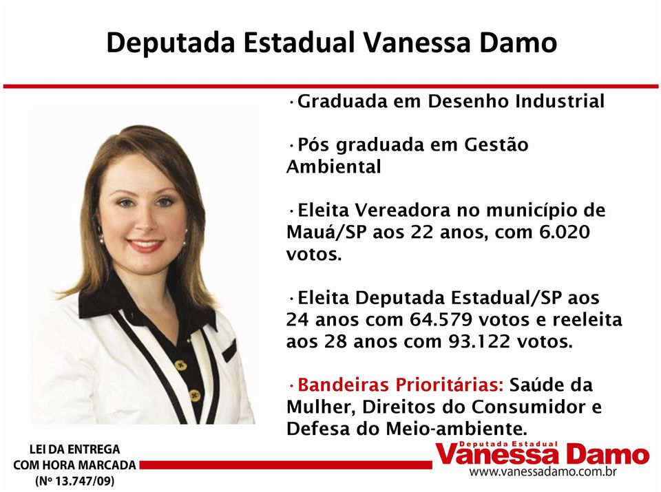 Eleita Deputada Estadual/SP aos 24 anos com 64.579 votos e reeleita aos 28 anos com 93.