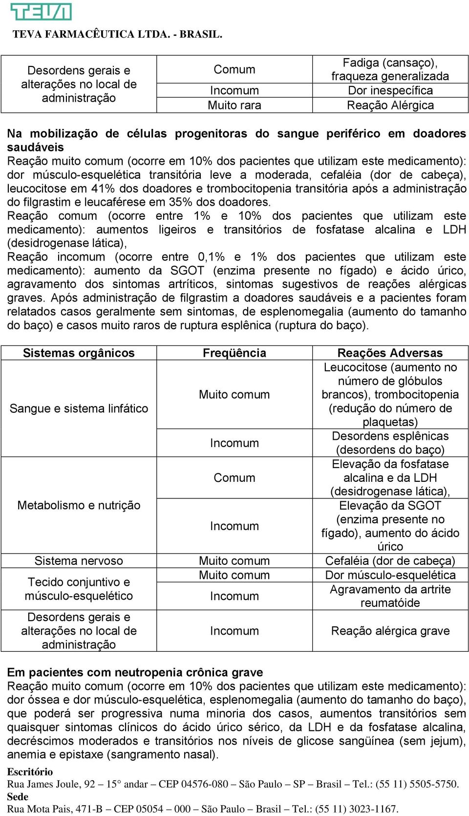 leucocitose em 41% dos doadores e trombocitopenia transitória após a administração do filgrastim e leucaférese em 35% dos doadores.