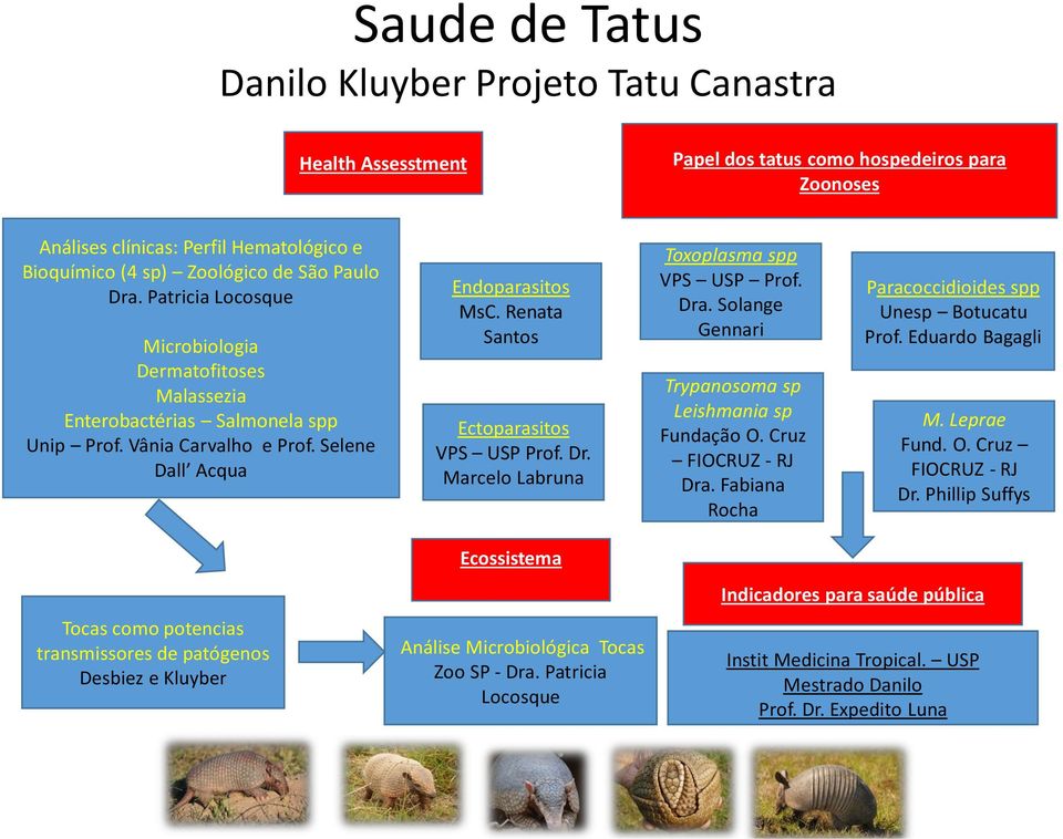 Renata Santos Ectoparasitos VPS USP Prof. Dr. Marcelo Labruna Toxoplasma spp VPS USP Prof. Dra. Solange Gennari Trypanosoma sp Leishmania sp Fundação O. Cruz FIOCRUZ - RJ Dra.